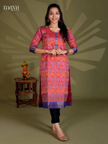 Red & Blue  Semi Patola Readymade Kurti with floral prints - MEC09004