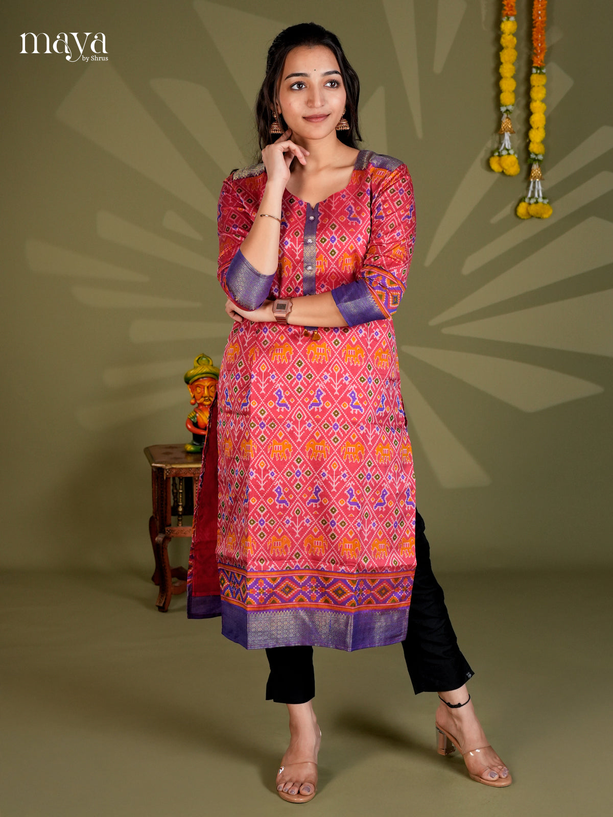 Red & Blue  Semi Patola Readymade Kurti with floral prints - MEC09004