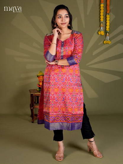 Red & Blue  Semi Patola Readymade Kurti with floral prints - MEC09004