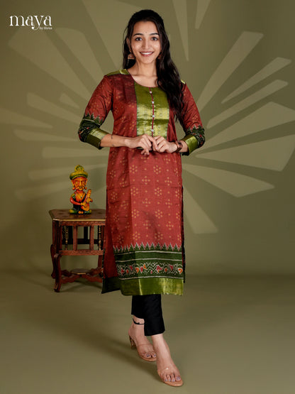 Maroon & Green  Semi patola Readymade Kurti with zari neck yoke - MEC09005
