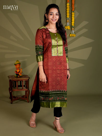 Maroon & Green  Semi patola Readymade Kurti with zari neck yoke - MEC09005