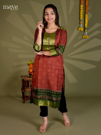 Maroon & Green  Semi patola Readymade Kurti with zari neck yoke - MEC09005