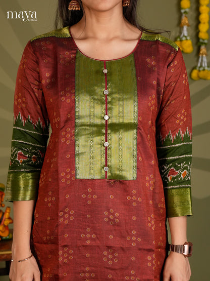 Maroon & Green  Semi patola Readymade Kurti with zari neck yoke - MEC09005