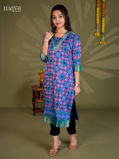 Blue & Green Semi Patola  Readymade Kurti - MEC09006