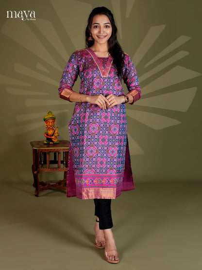 Blue & Purple Semi Patola Readymade Kurti with floral prints - MEC09007
