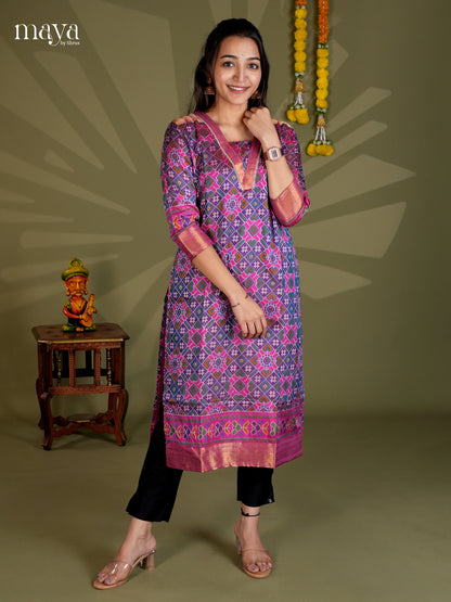 Blue & Purple Semi Patola Readymade Kurti with floral prints - MEC09007