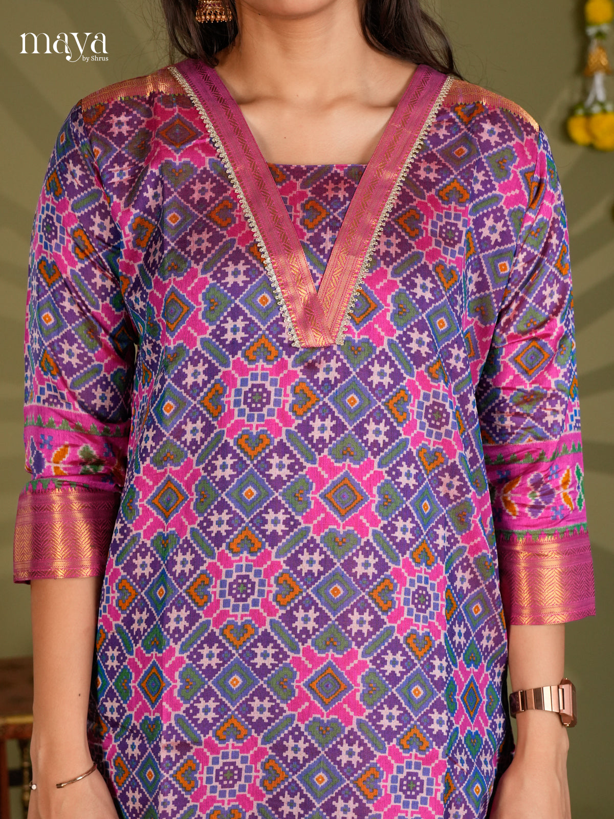 Blue & Purple Semi Patola Readymade Kurti with floral prints - MEC09007