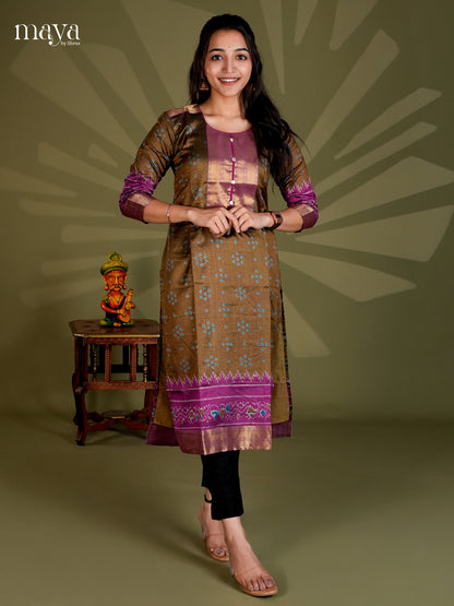 Mehandi & Purple Semi Patola Readymade Kurti - MEC09008