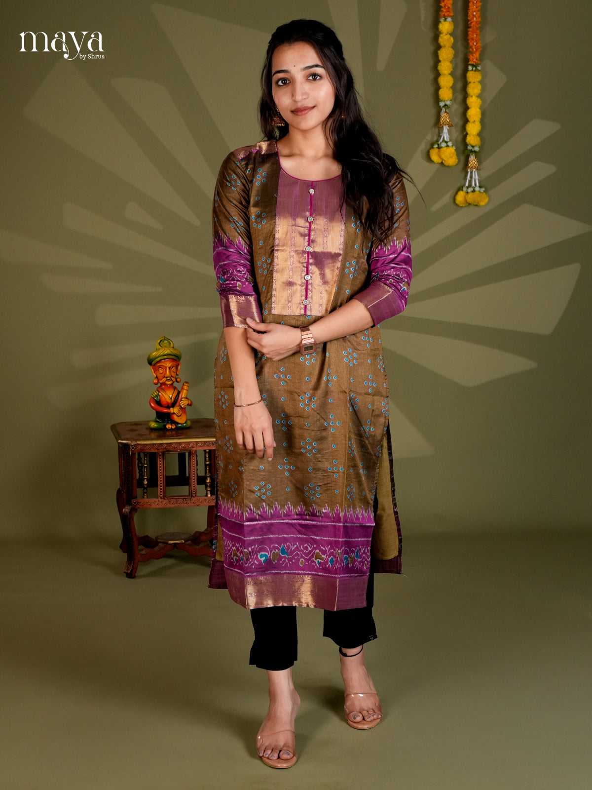 Mehandi & Purple Semi Patola Readymade Kurti - MEC09008