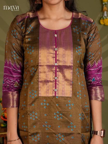 Mehandi & Purple Semi Patola Readymade Kurti - MEC09008