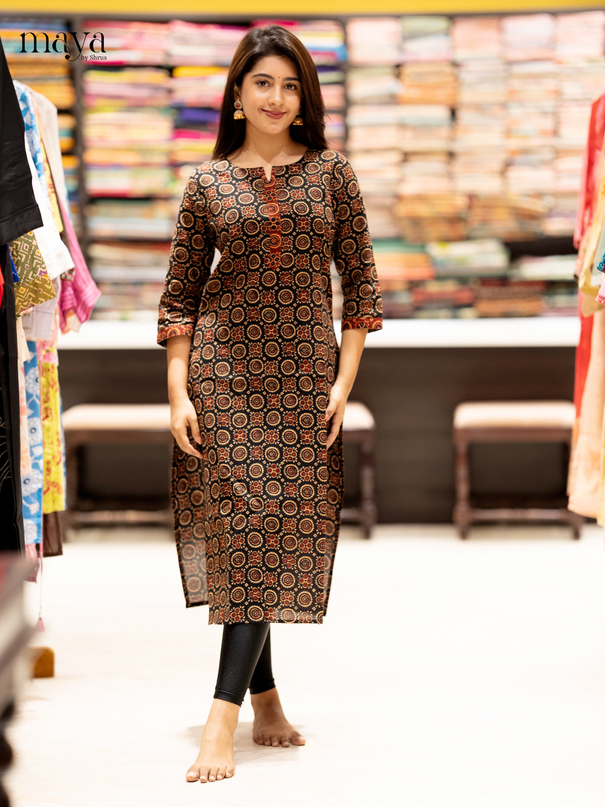 Black Ajrakh printed Cotton Readymade Kurti - MEC11002