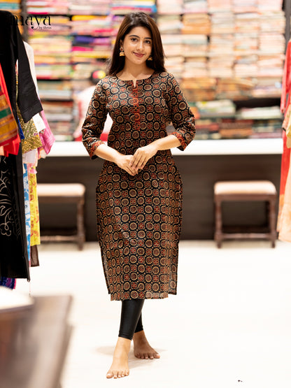 Black Ajrakh printed Cotton Readymade Kurti - MEC11002