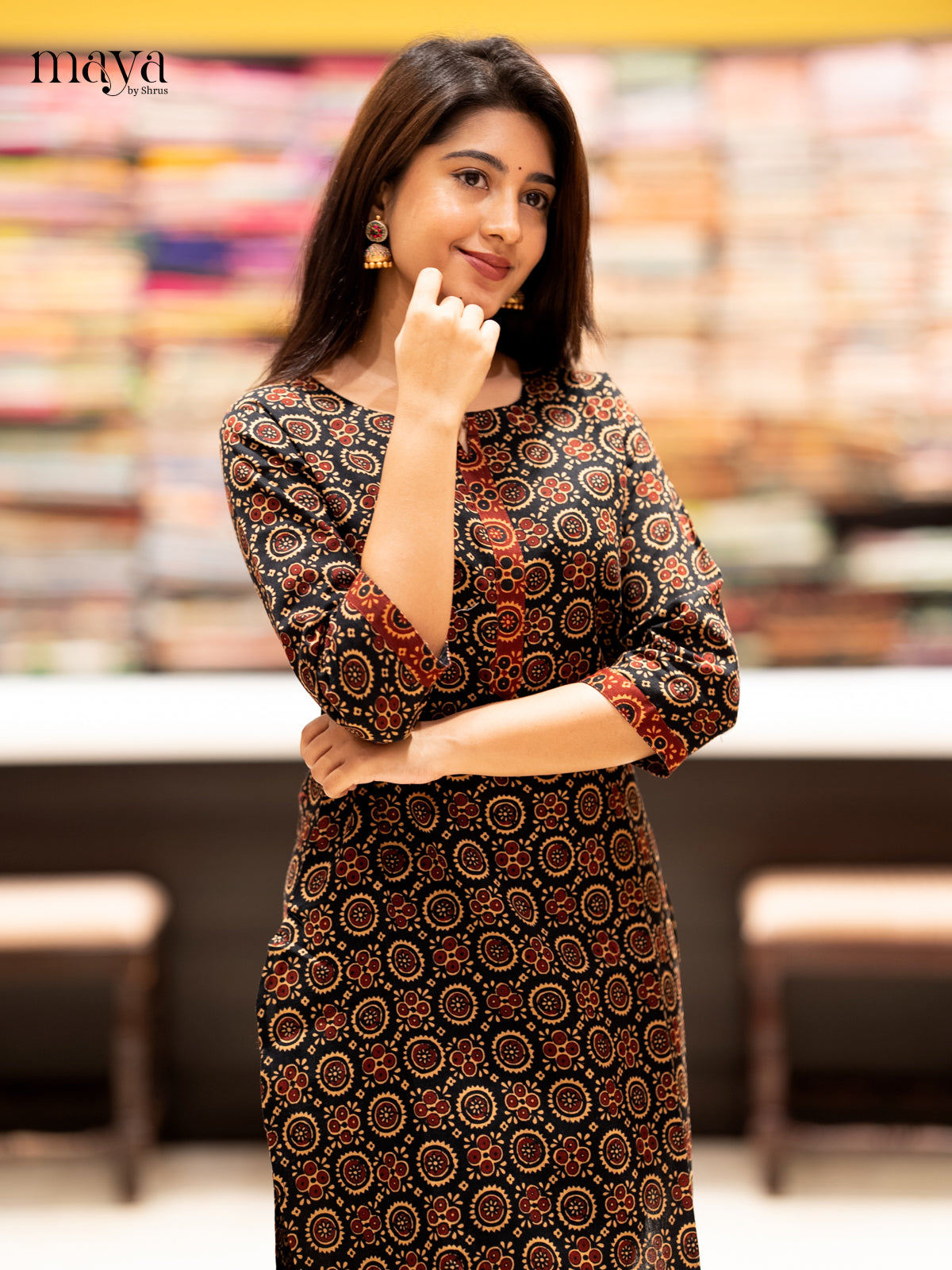 Black Ajrakh printed Cotton Readymade Kurti - MEC11002