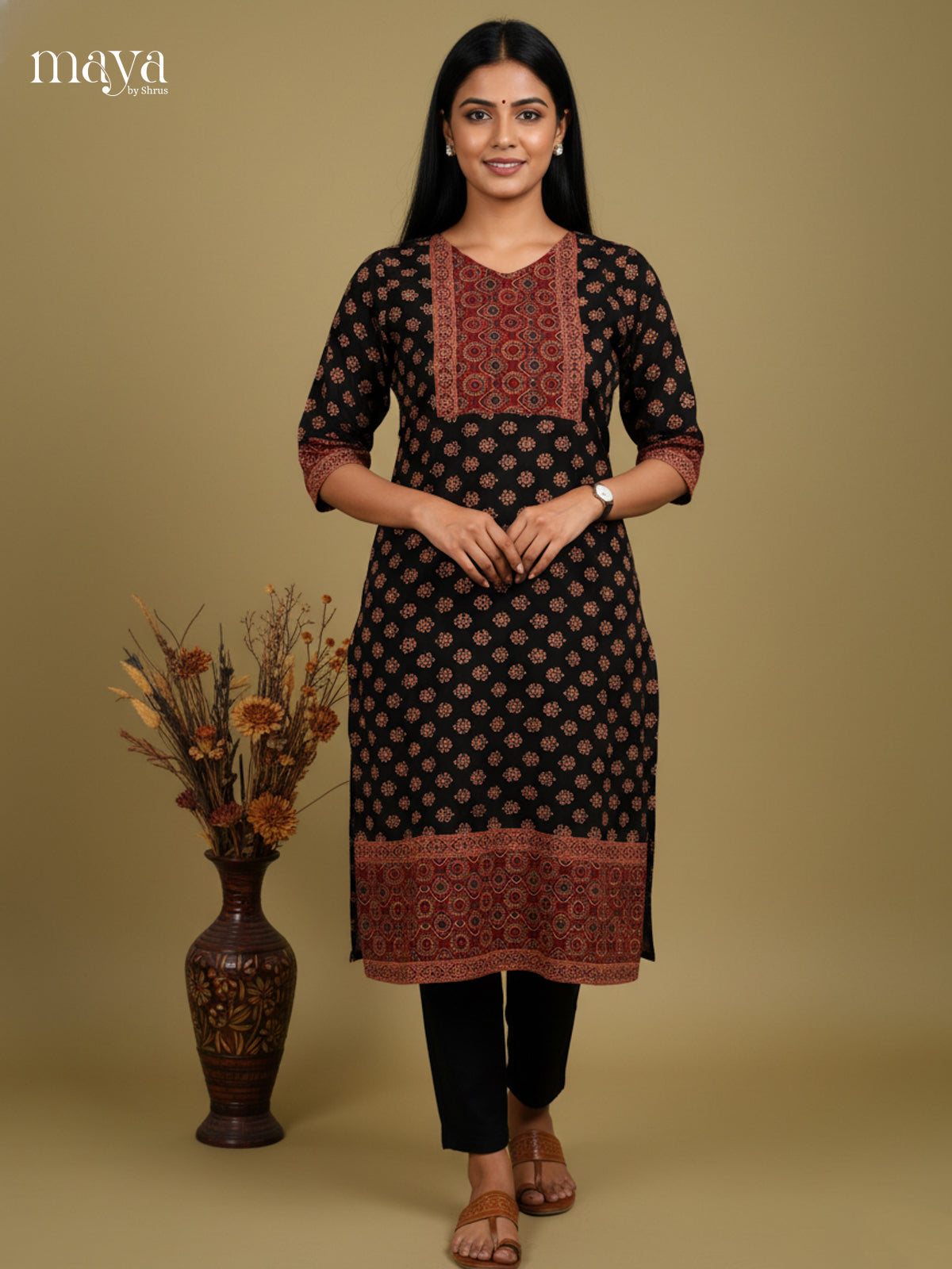 Black & Maroon Ajrakh printed Readymade Kurti  with neck yoke- MEC11007