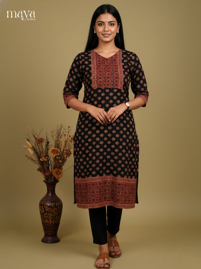 Black & Maroon Ajrakh printed Readymade Kurti  with neck yoke- MEC11007