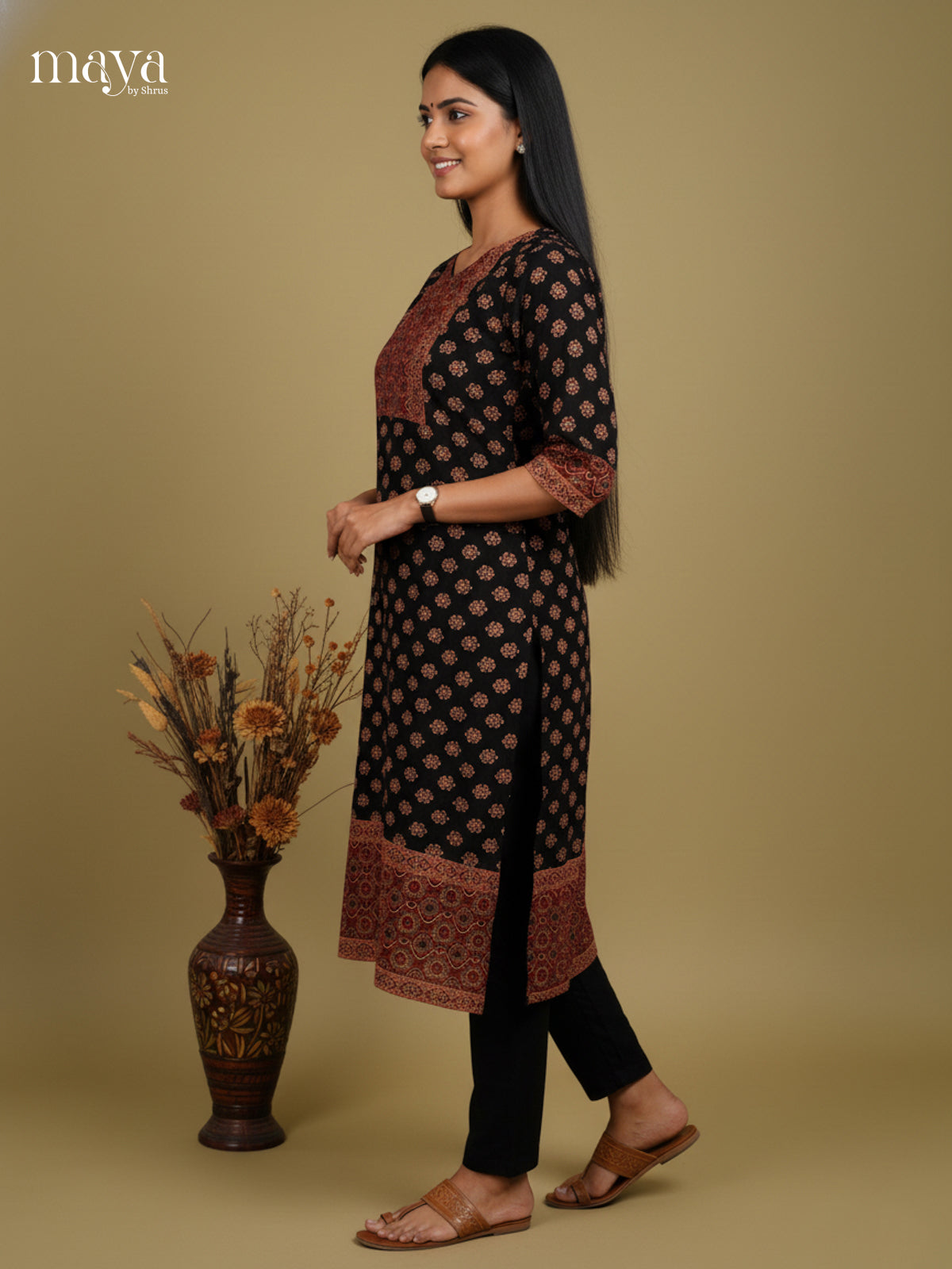 Black & Maroon Ajrakh printed Readymade Kurti  with neck yoke- MEC11007
