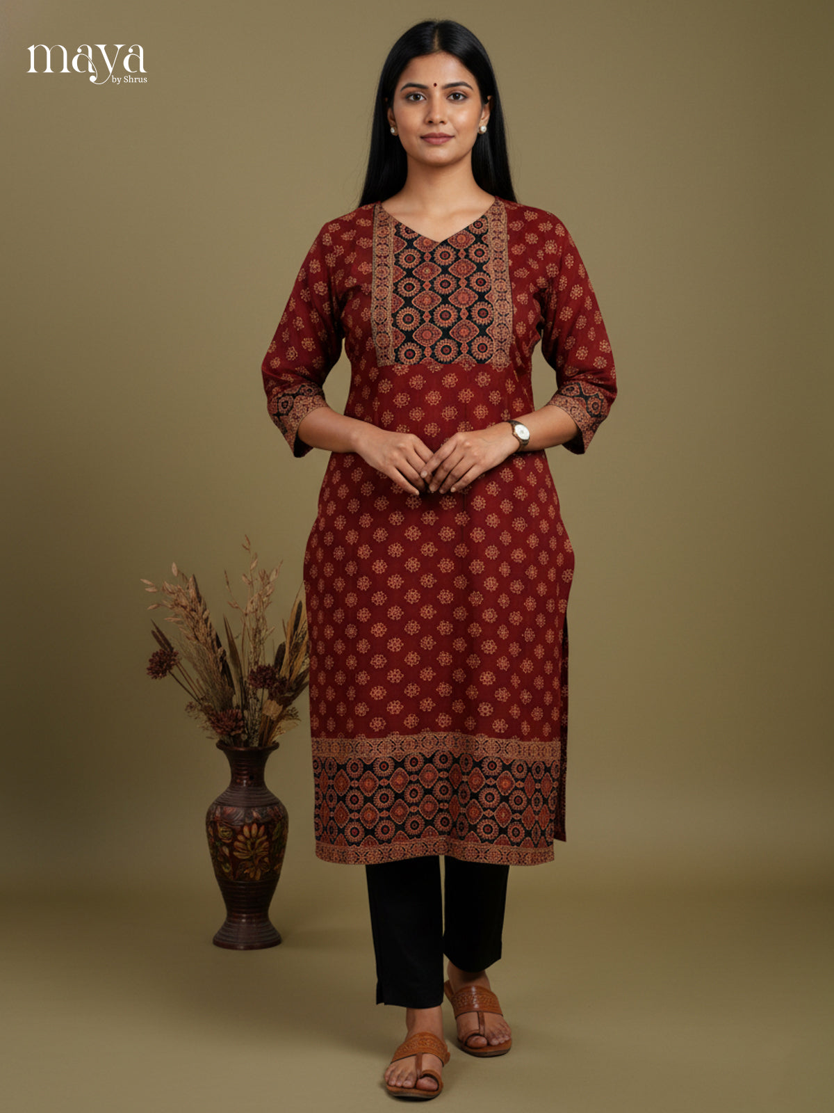 Maroon & Black Ajrakh printed Readymade Kurti with neck yoke  - MEC11008
