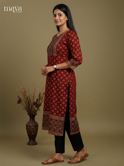 Maroon & Black Ajrakh printed Readymade Kurti with neck yoke  - MEC11008