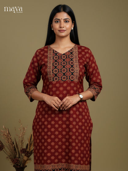 Maroon & Black Ajrakh printed Readymade Kurti with neck yoke  - MEC11008