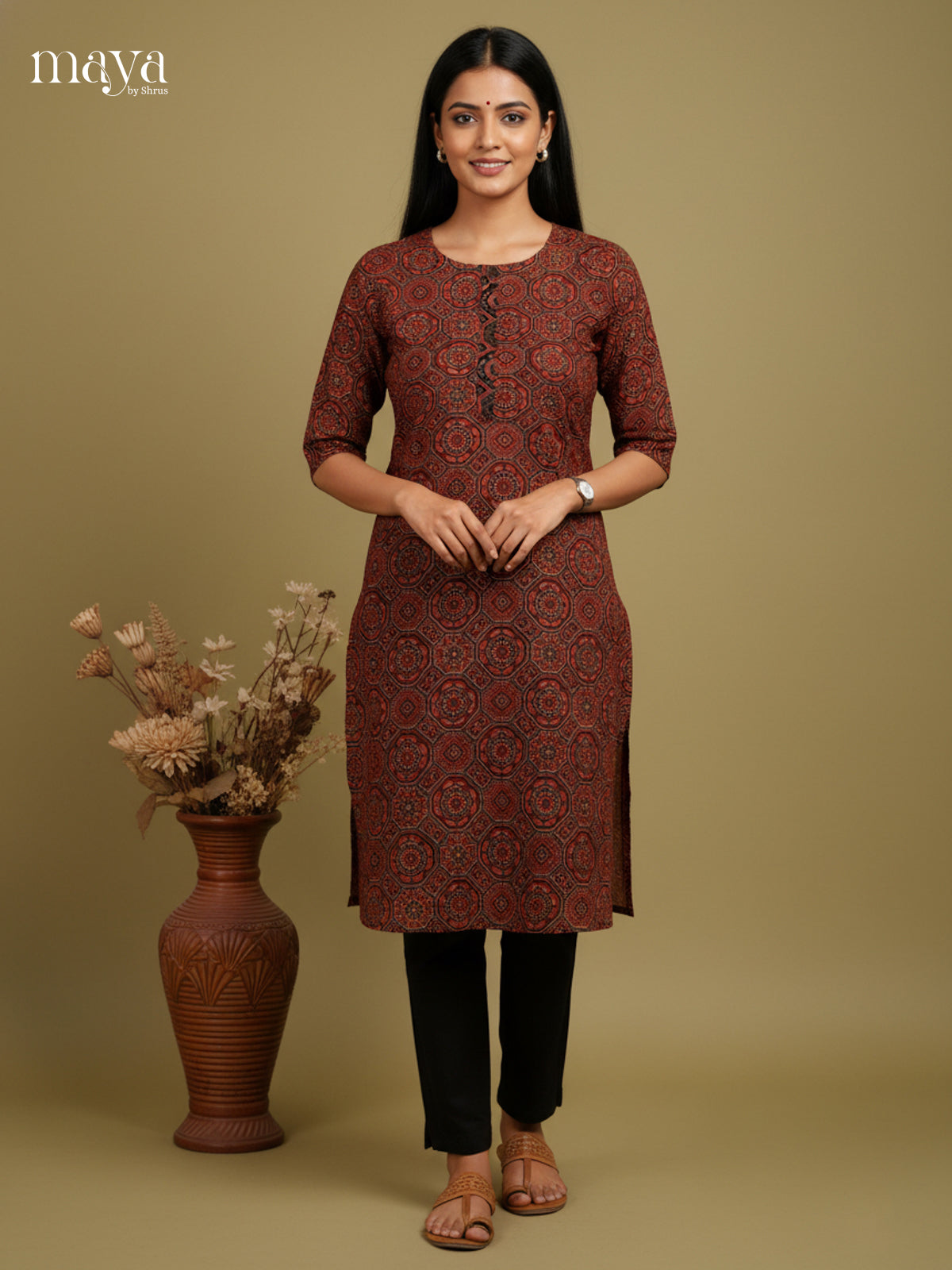Maroon Ajrakh Printed Readymade Kurti - MEC11009