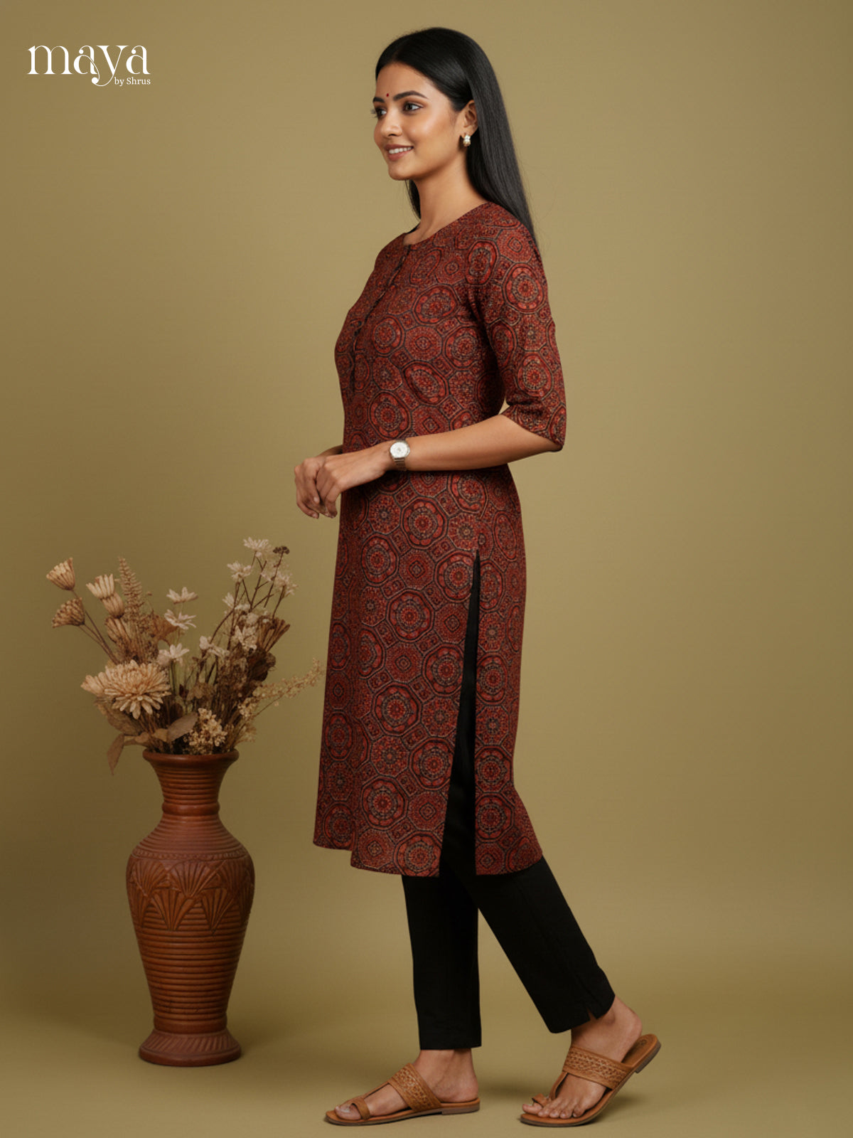 Maroon Ajrakh Printed Readymade Kurti - MEC11009