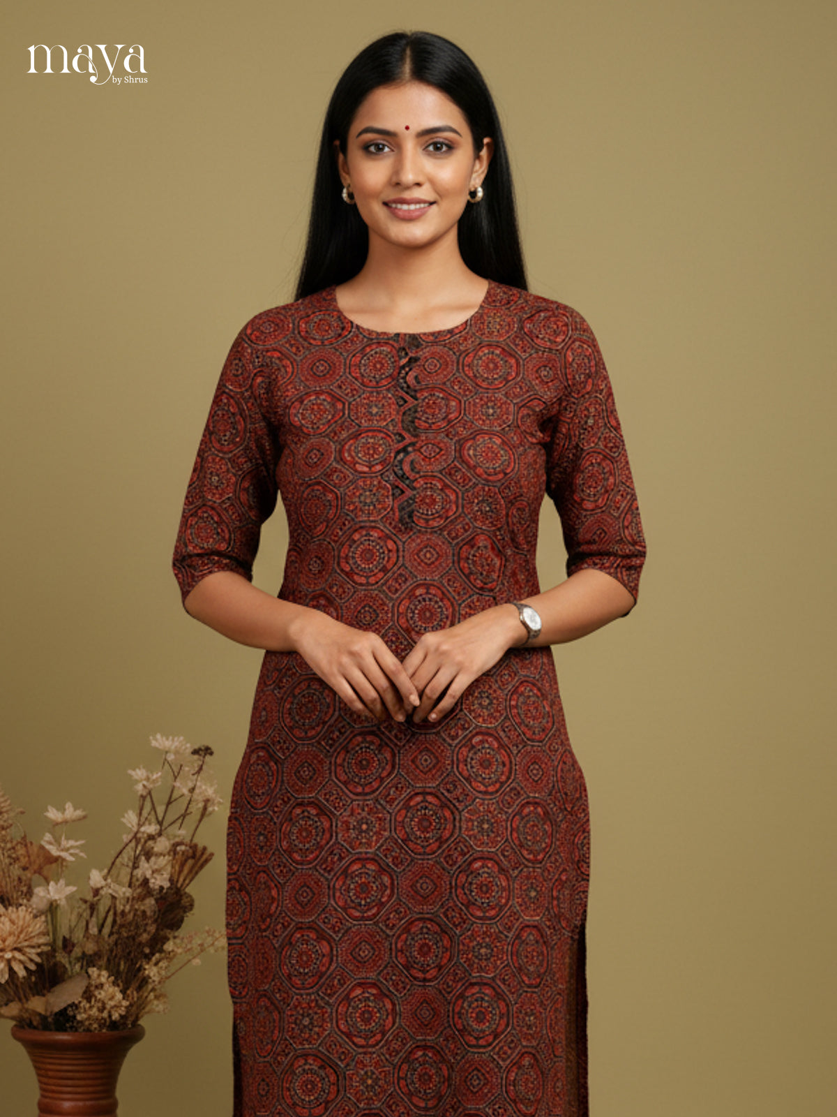 Maroon Ajrakh Printed Readymade Kurti - MEC11009