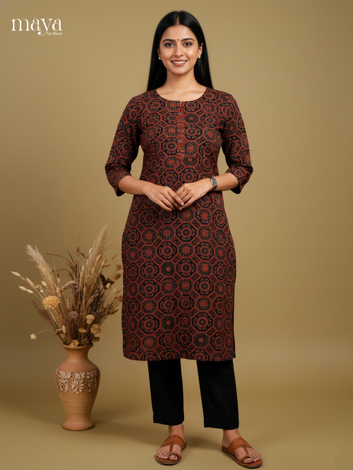 Chic Maroon Ajrakh printed Readymade Kurti - MEC11010
