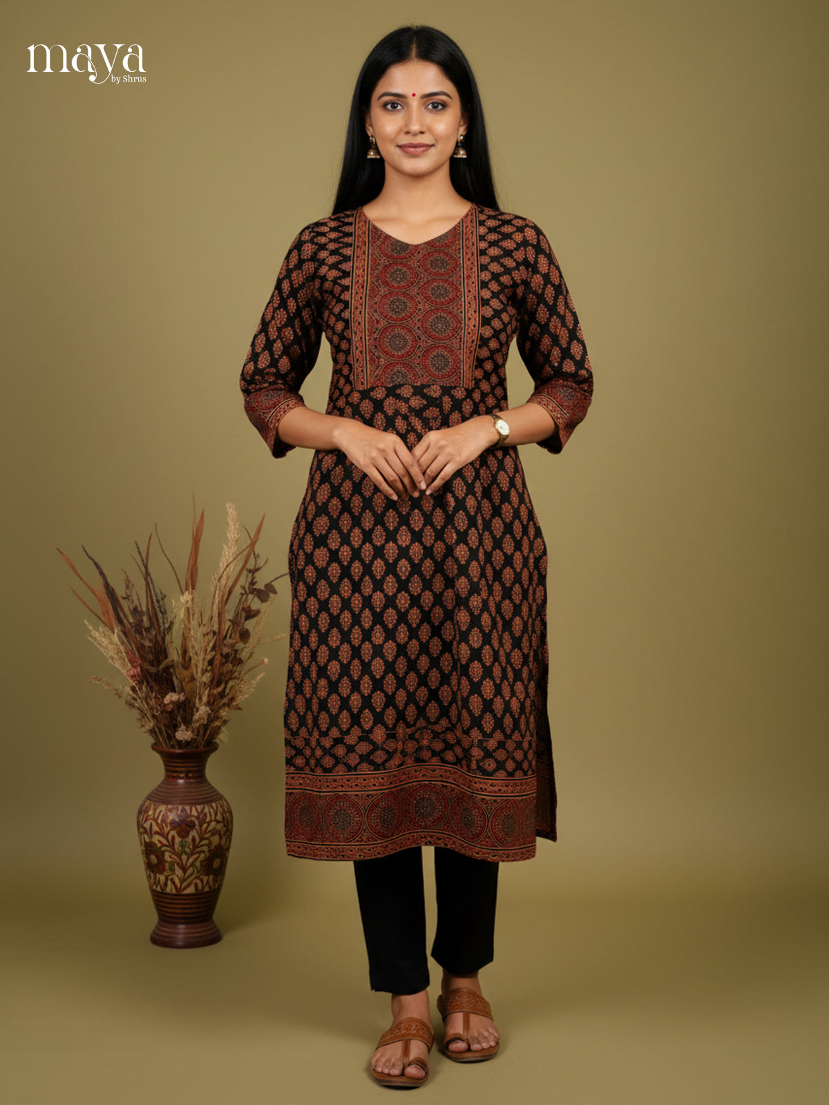 Black & Maroon Ajrakh printed Readymade Kurti with neck yoke - MEC11013