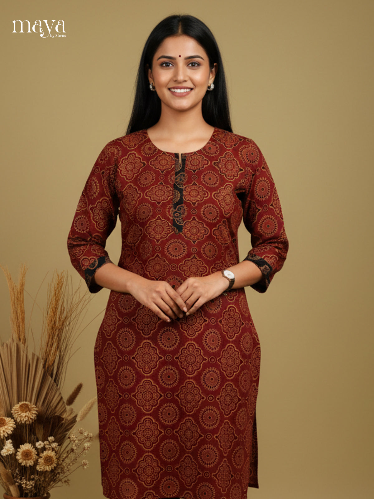 Beautiful Maroon Ajrakh printed Readymade Kurti - MEC11017