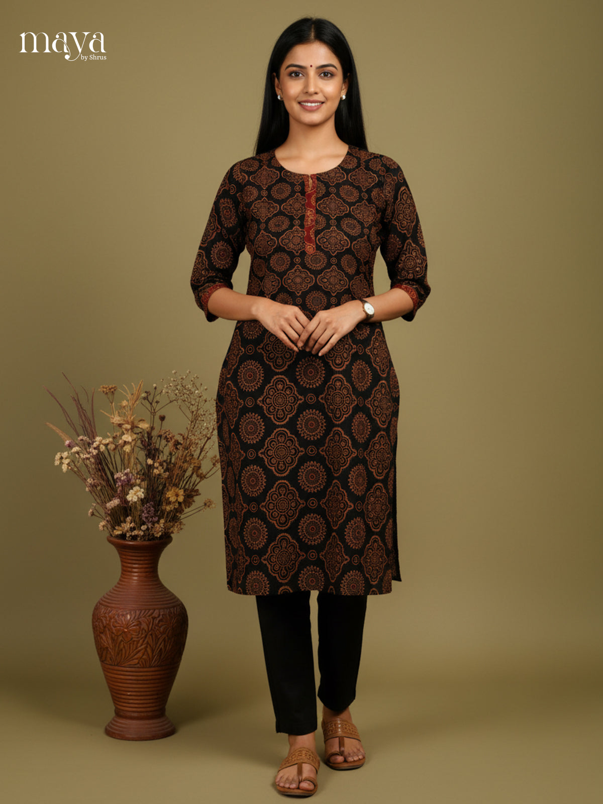 Black Ajrakh printed Readymade Kurti - MEC11018