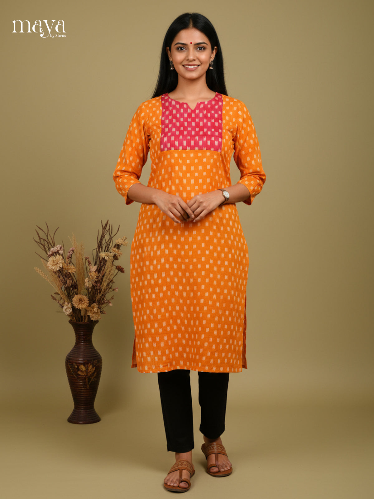 Pretty Orange & Pink  ikkat printed Readymade Kurti with neck yoke  - MEC11019