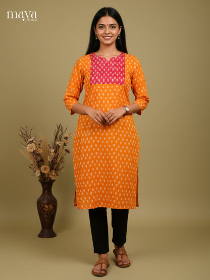 Pretty Orange & Pink  ikkat printed Readymade Kurti with neck yoke  - MEC11019