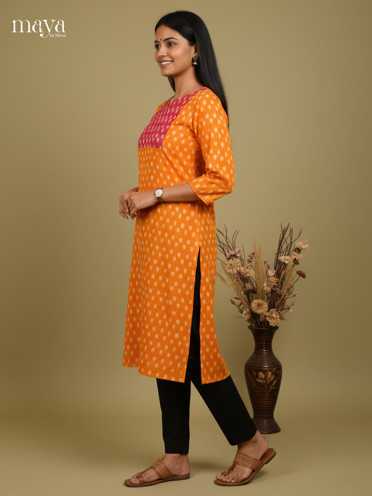 Pretty Orange & Pink  ikkat printed Readymade Kurti with neck yoke  - MEC11019
