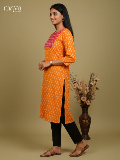 Pretty Orange & Pink  ikkat printed Readymade Kurti with neck yoke  - MEC11019