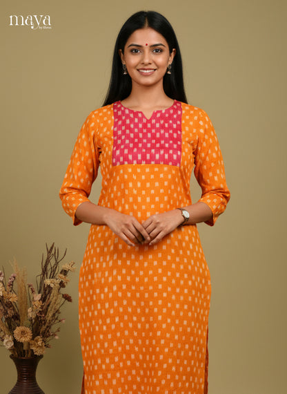 Pretty Orange & Pink  ikkat printed Readymade Kurti with neck yoke  - MEC11019