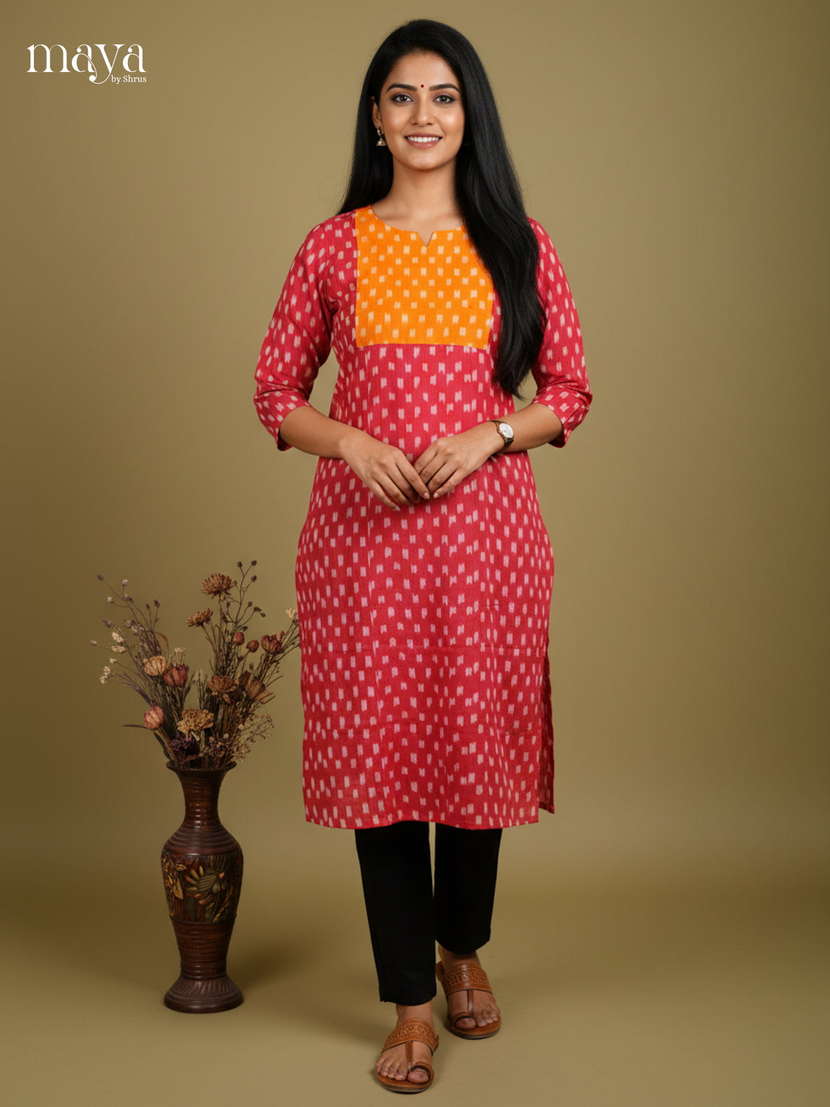 Pink & Orange Ikkat Cotton Readymade Kurti with neck yoke - MEC11020