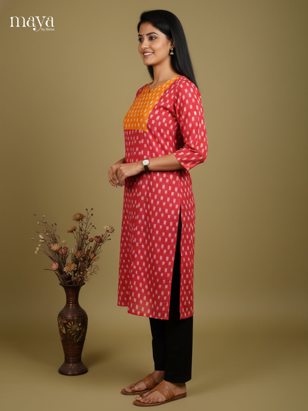 Pink & Orange Ikkat Cotton Readymade Kurti with neck yoke - MEC11020