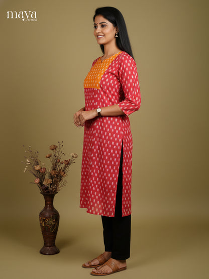 Pink & Orange Ikkat Cotton Readymade Kurti with neck yoke - MEC11020