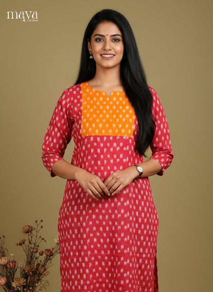 Pink & Orange Ikkat Cotton Readymade Kurti with neck yoke - MEC11020