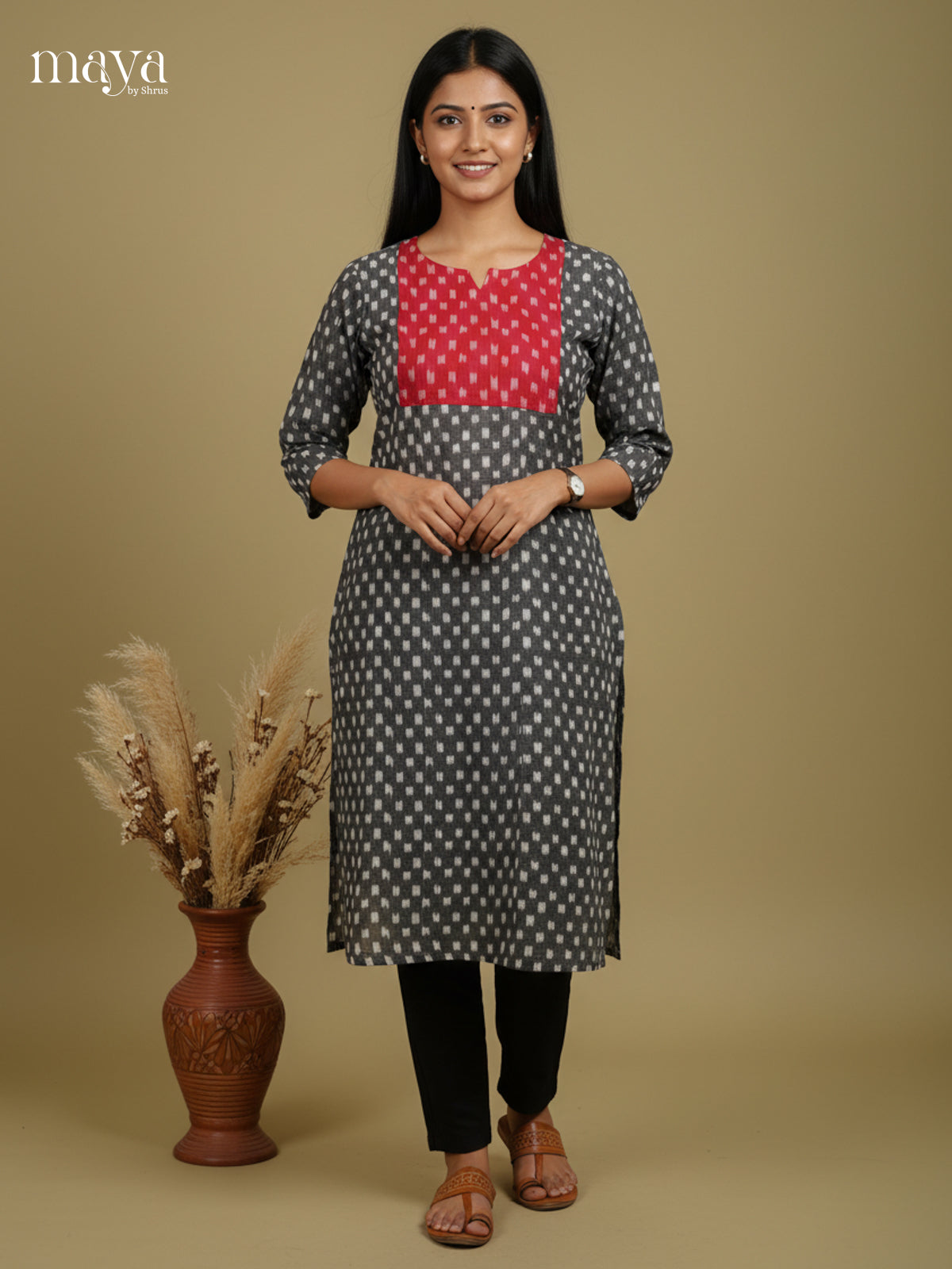 Elephant Grey & Red Ikkat cotton Readymade Kurti  with neck yoke - MEC11023