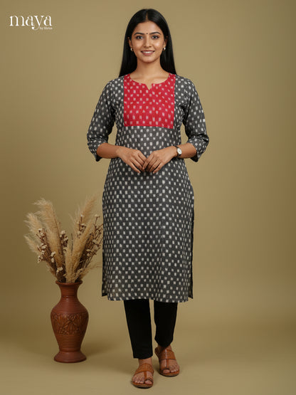 Elephant Grey & Red Ikkat cotton Readymade Kurti  with neck yoke - MEC11023