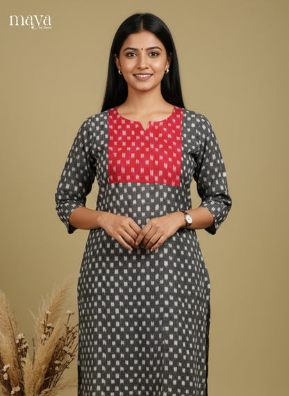 Elephant Grey & Red Ikkat cotton Readymade Kurti  with neck yoke - MEC11023