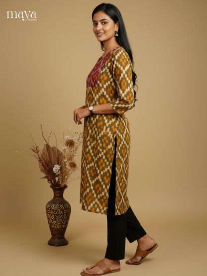 Mehandi Green & Maroon Ikkat Cotton Readymade Kurti with neck yoke - MEC11024