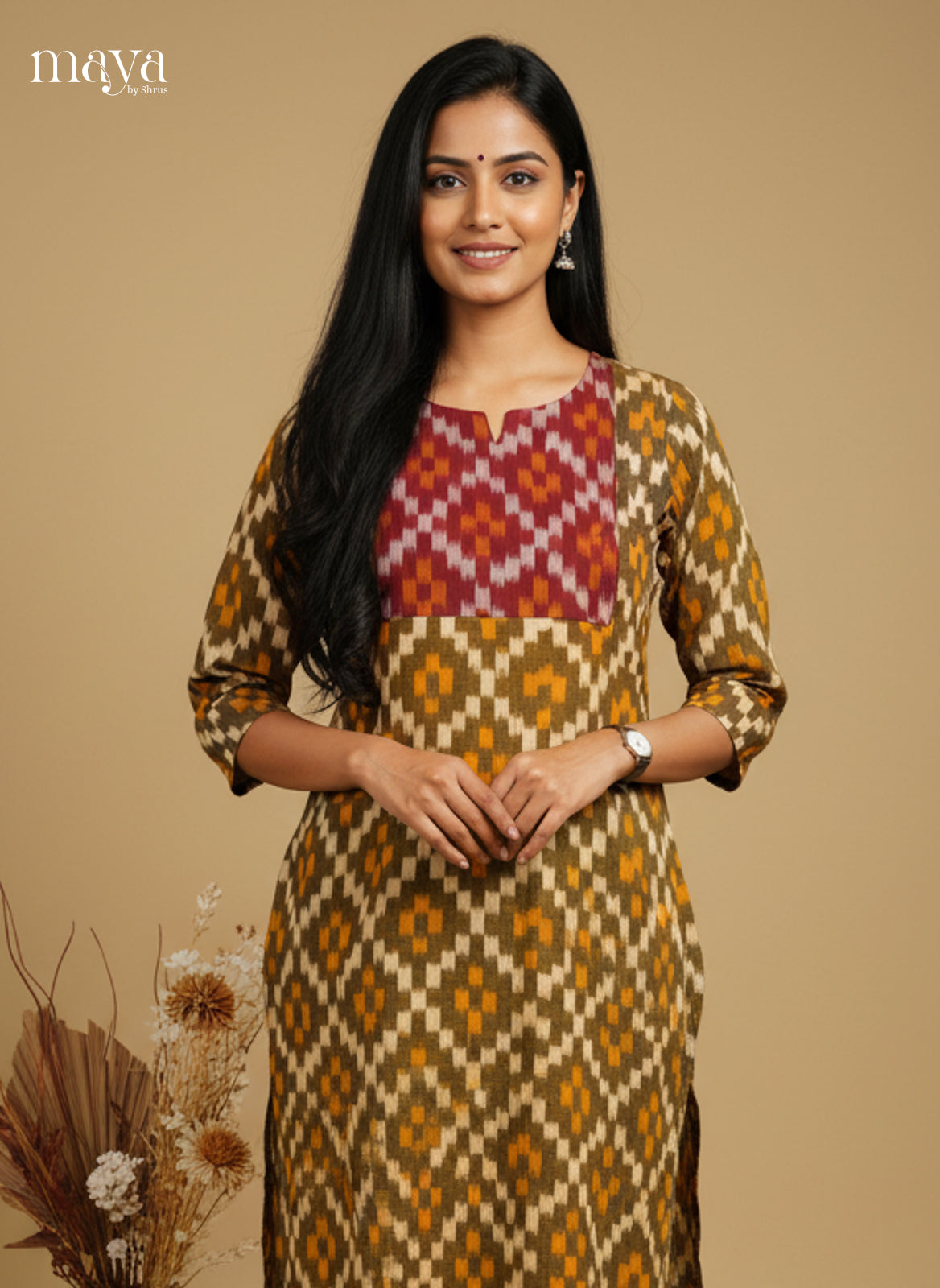 Mehandi Green & Maroon Ikkat Cotton Readymade Kurti with neck yoke - MEC11024