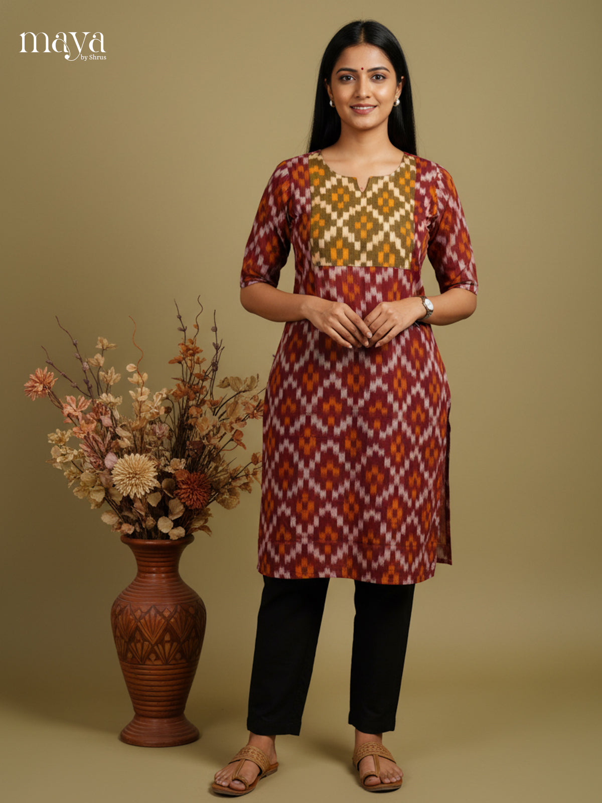 Maroon & Green Ikkat Readymade Kurti with neck yoke - MEC11025