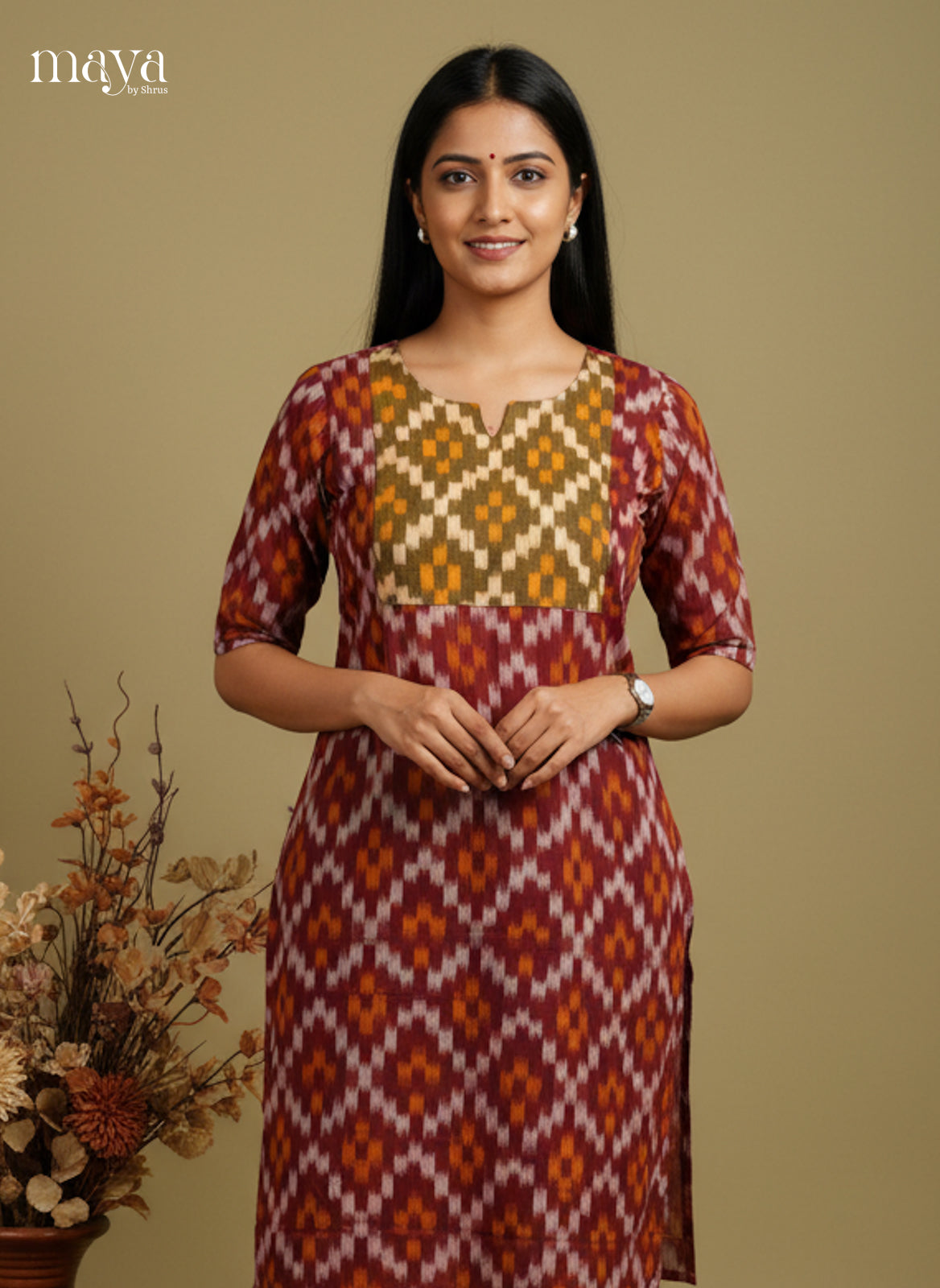 Maroon & Green Ikkat Readymade Kurti with neck yoke - MEC11025