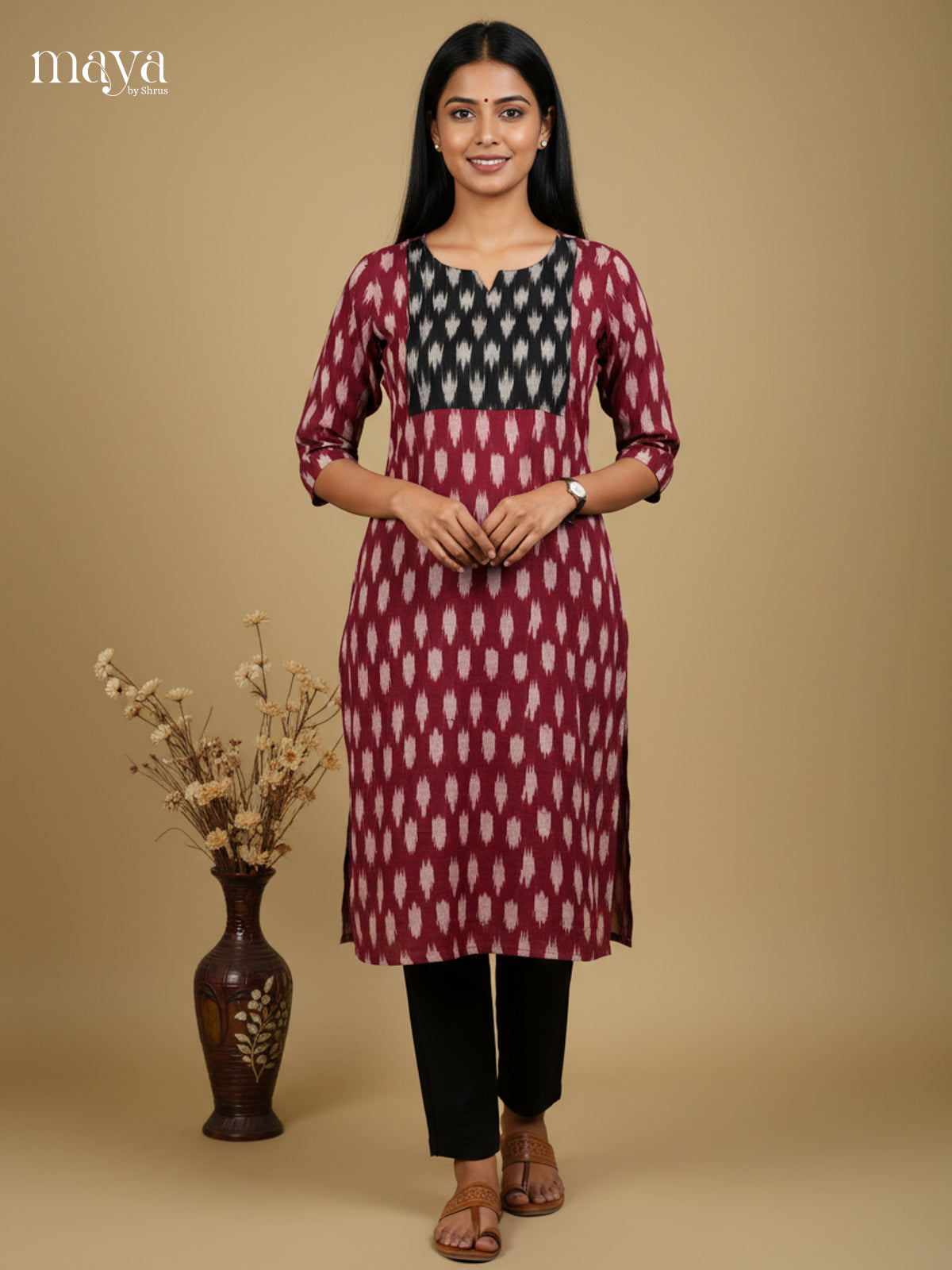 Maroon & Black Ikkat Readymade Kurti with neck yoke - MEC11026