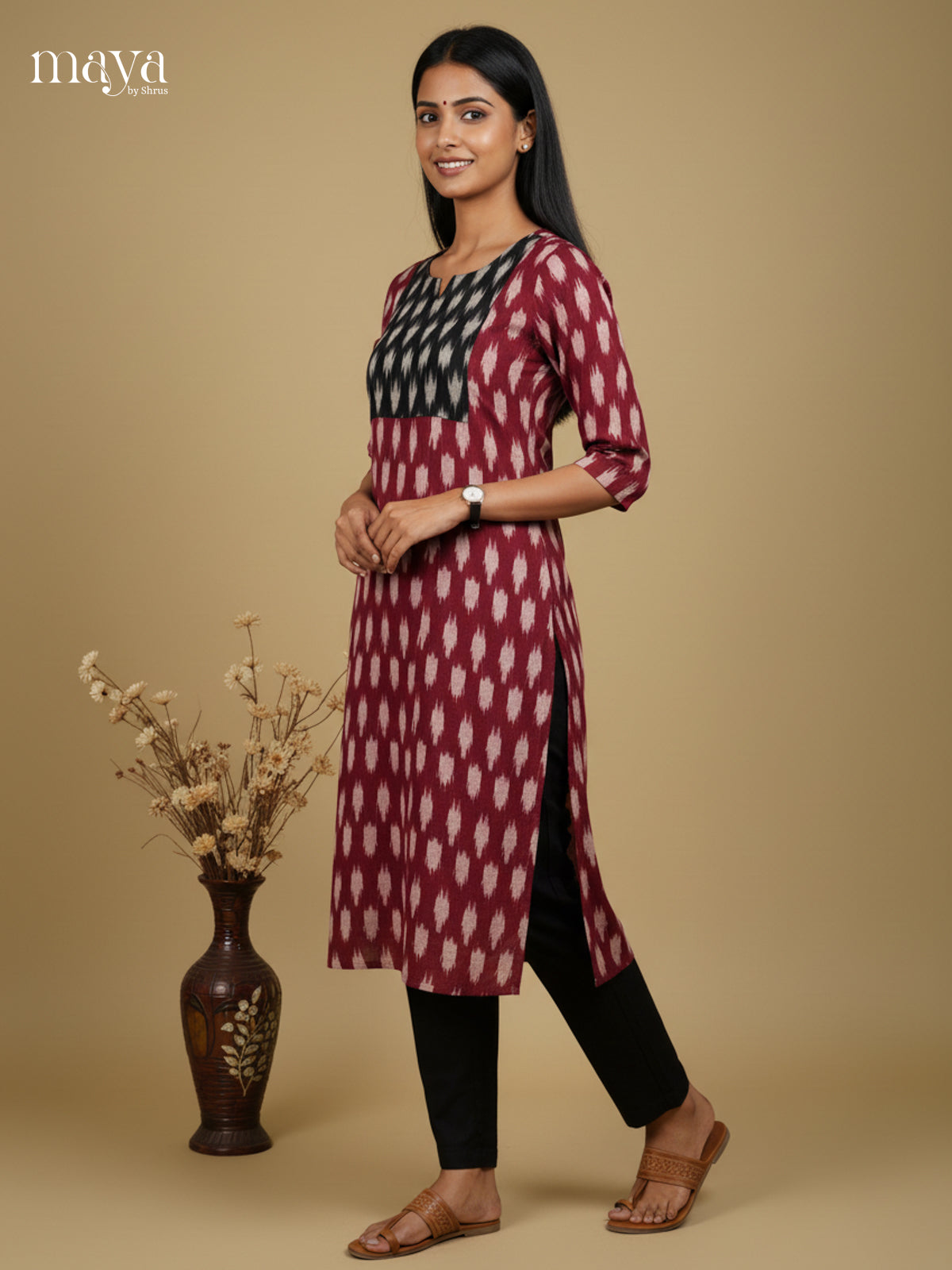 Maroon & Black Ikkat Readymade Kurti with neck yoke - MEC11026