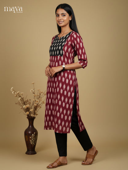 Maroon & Black Ikkat Readymade Kurti with neck yoke - MEC11026
