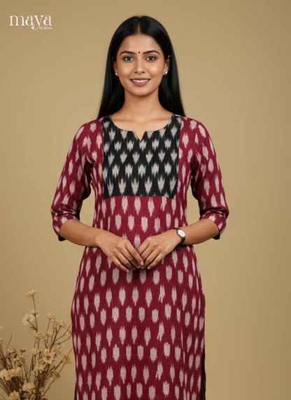 Maroon & Black Ikkat Readymade Kurti with neck yoke - MEC11026